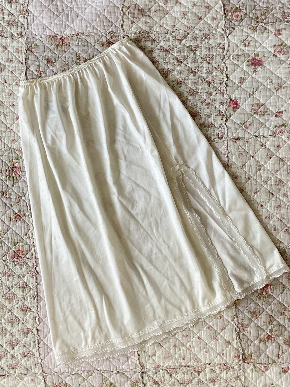 Vintage Givenchy Classic Cream Satin Slip Skirt with Lace Ribbon Slit